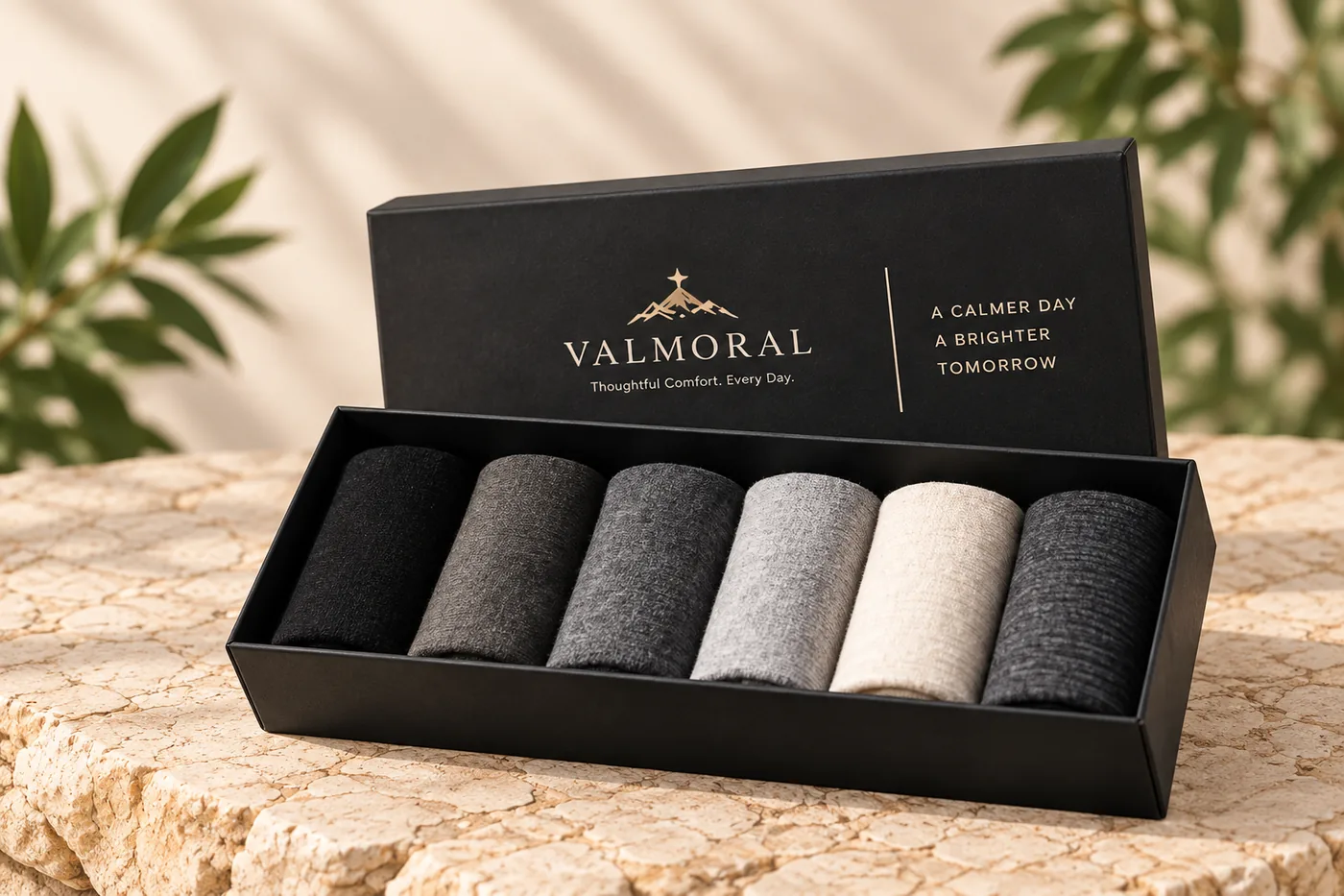 Open Valmoral box with six rolled cotton socks