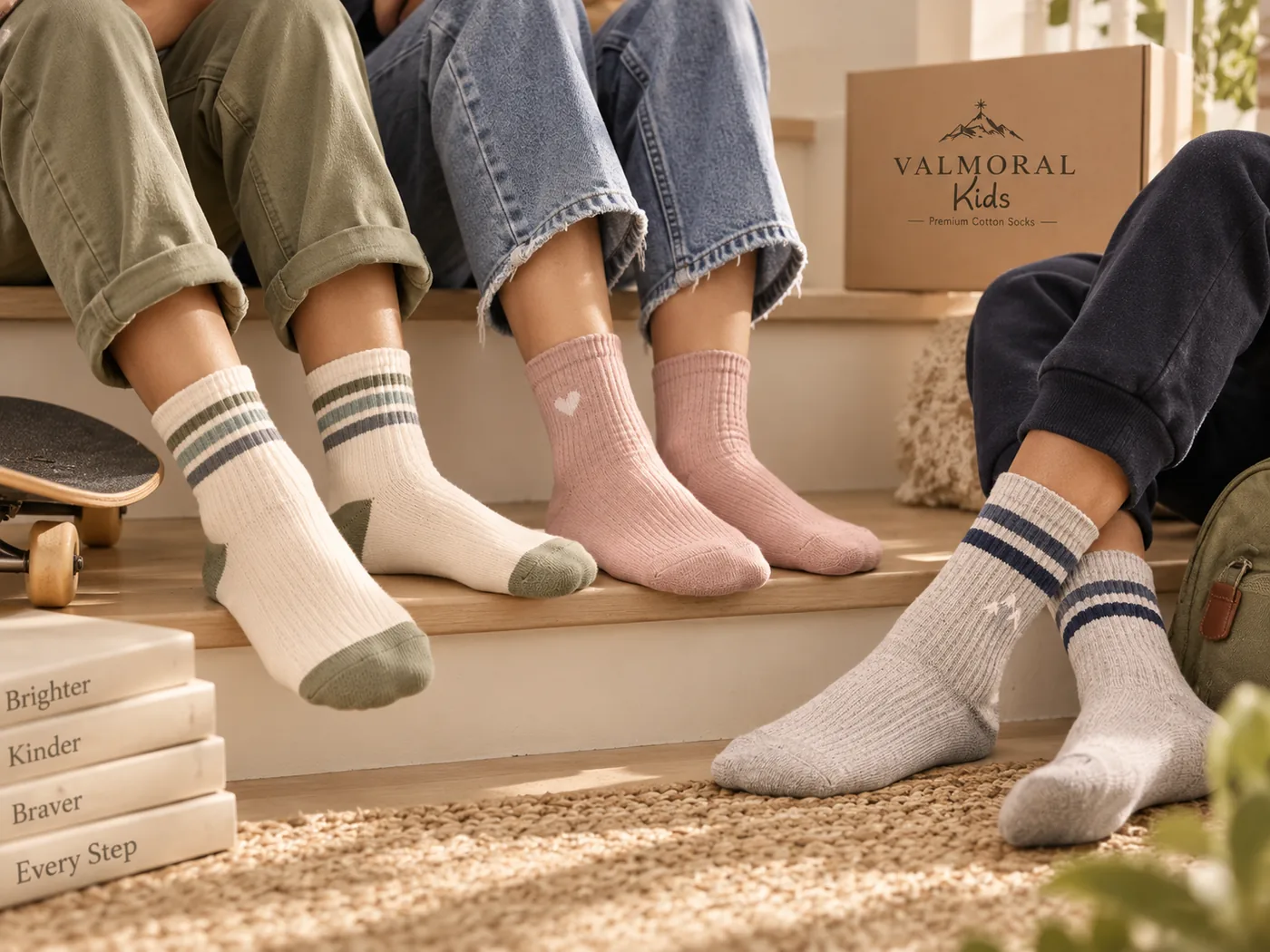 Four children sitting on steps wearing Valmoral Kids socks