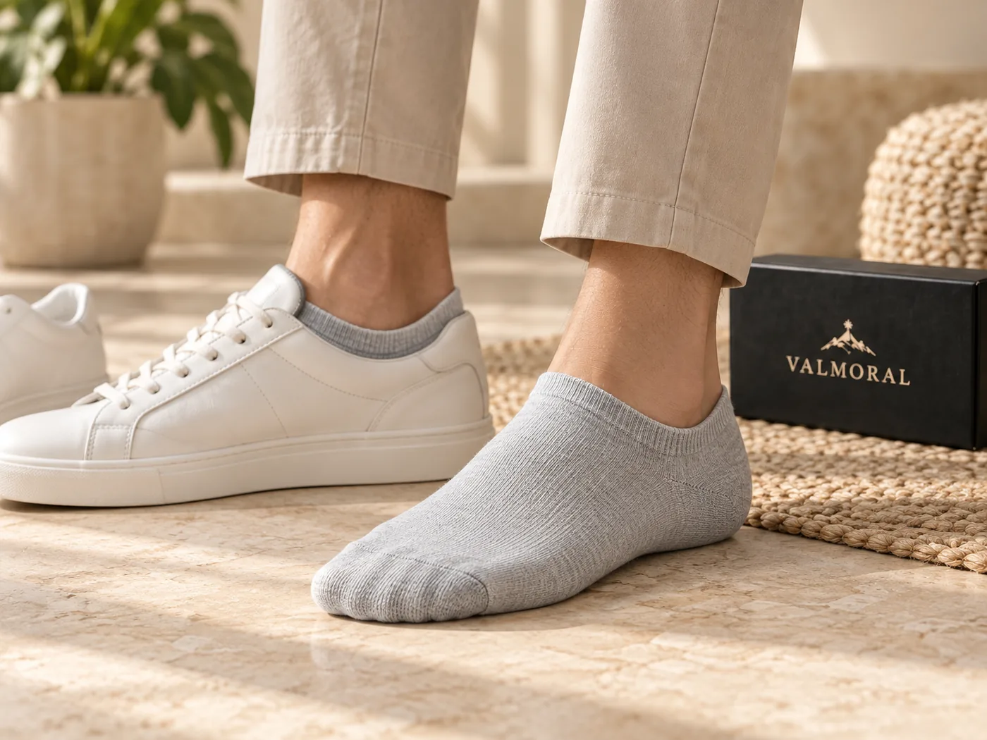 Person wearing grey low-cut socks with white sneakers