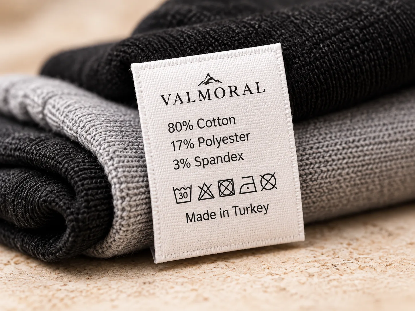 Valmoral care label: 80% cotton, 17% polyester, 3% spandex, made in Turkey
