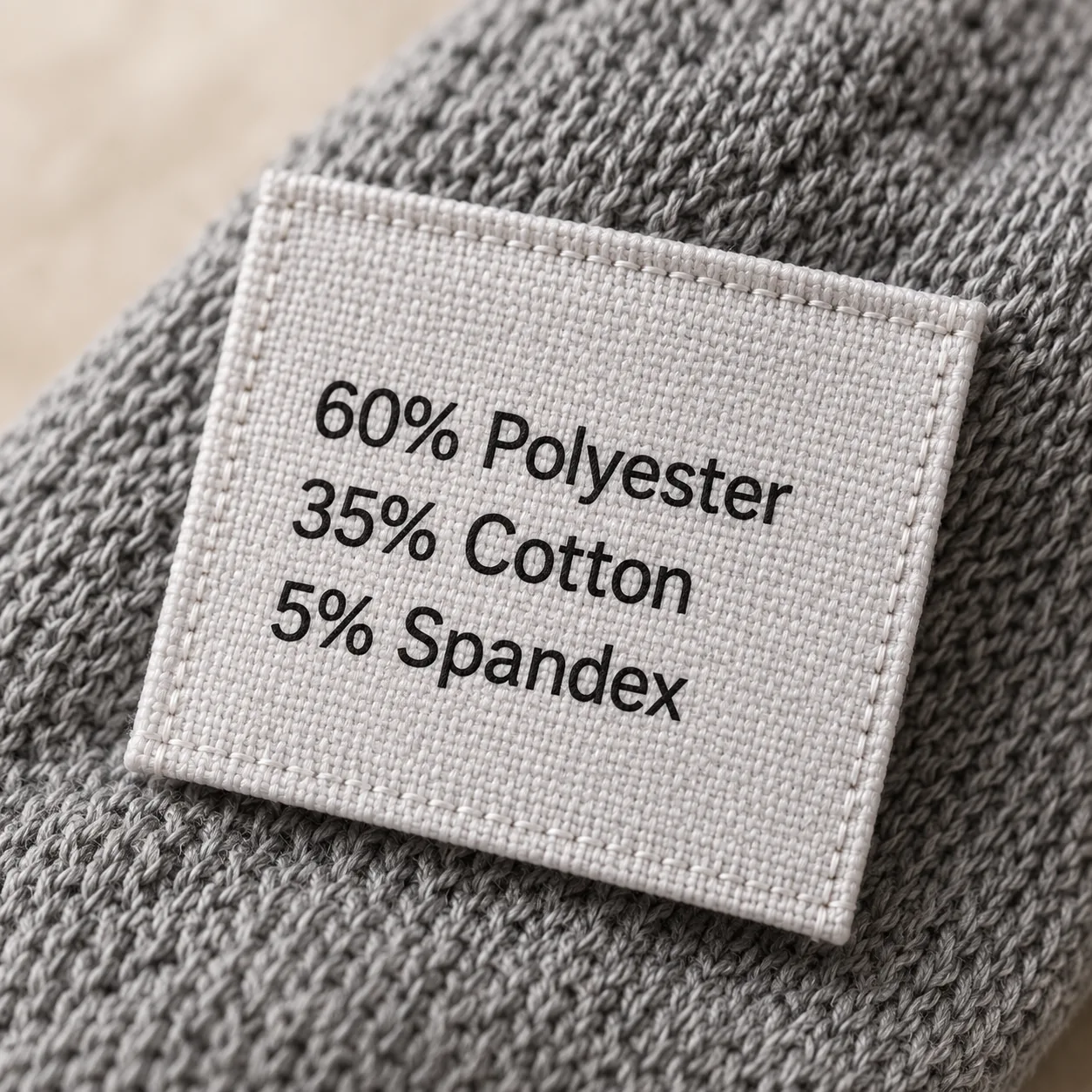 Typical budget sock label: 60% polyester, 35% cotton, 5% spandex